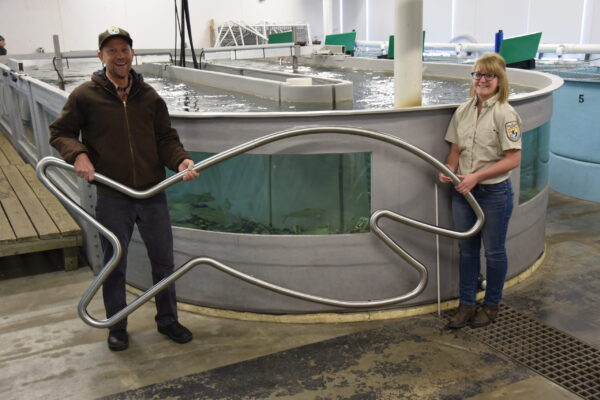 In 2016, Happy Fish met Kevin and Erin at the Bozeman Fish Technology Center to thank them for helping Happy Fish friends with their work. Thanks to the Candidate Conservation Agreement with Assurances (CCAA), the biologist Kevin Kappenman and Eco-Hydrologist Erin Ryan are researching swimming and passage studies with Arctic graylings using open-channel flumes and fish passage ladders.