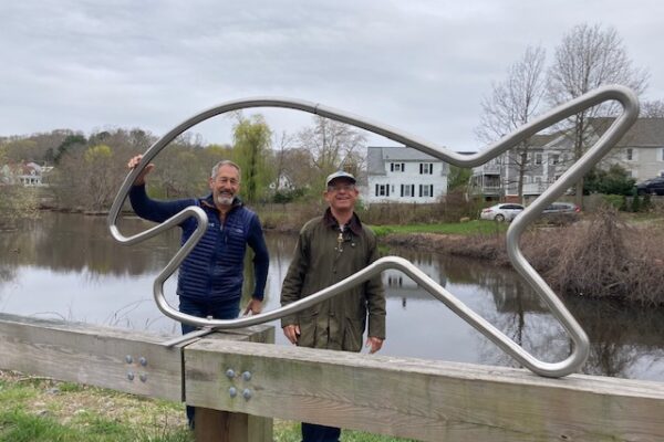 In April 2023, Happy Fish celebrated the return of river herring in the Plymouth streams (MA), Massachusetts, with Joshua Royte from TNC and Eric Hutchins from NOAA. NOAA and TNC shared efforts to restore the river herring population by removing six barriers on the 1.5-mile-long Town Brook.
